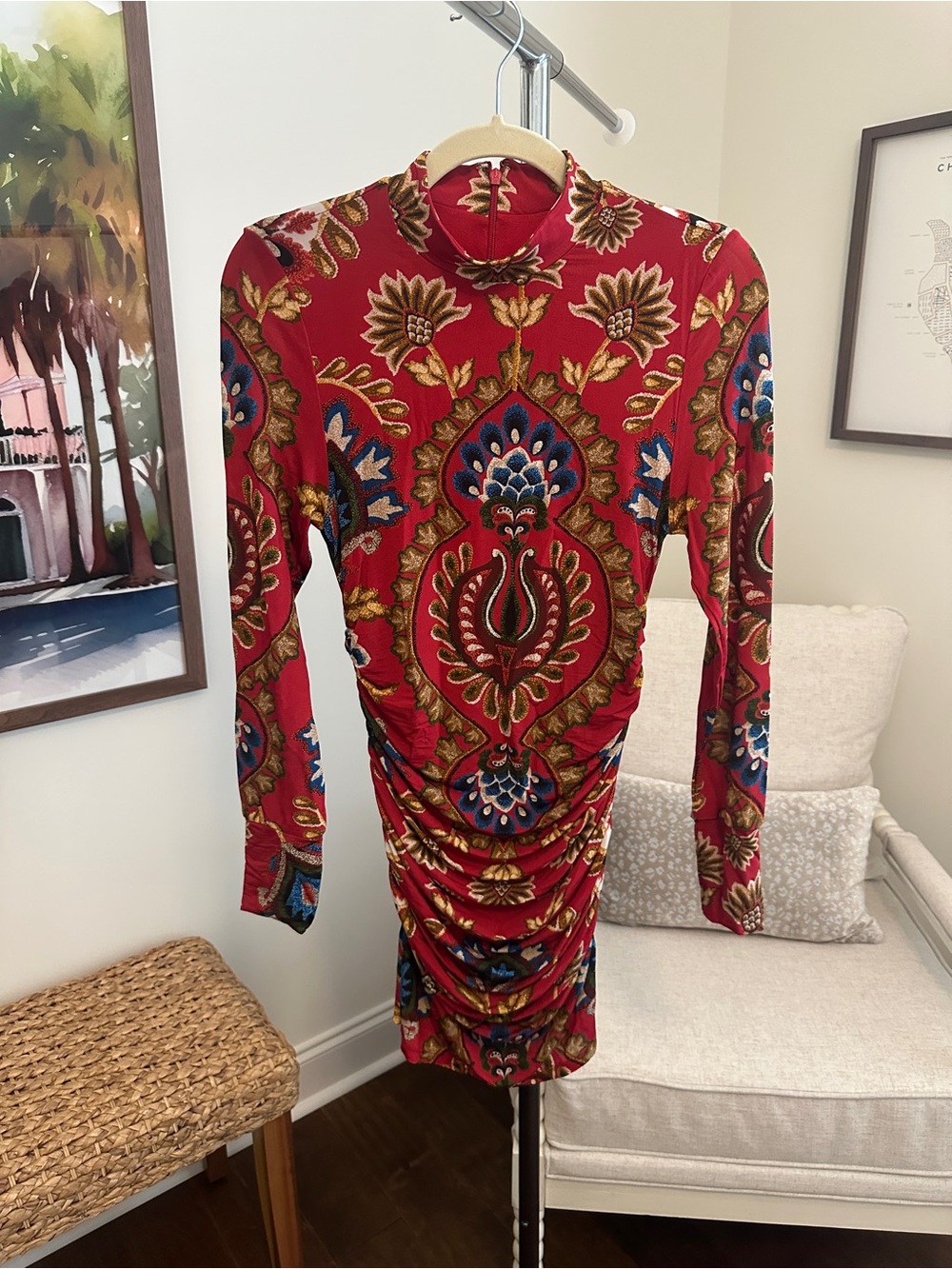 FARM Rio Red Long-Sleeve Ruched Mini Dress with Ornate Multicolor Motif